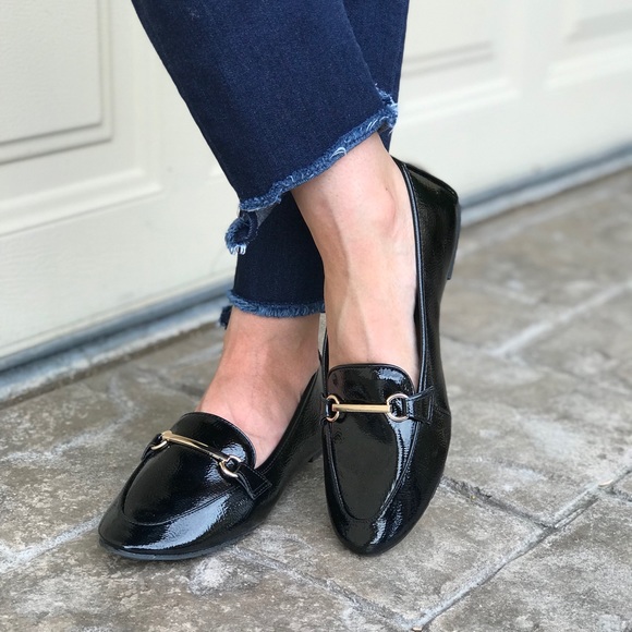 Black Patent Penny Loafers w Gold Bar Accent - Picture 2 of 8